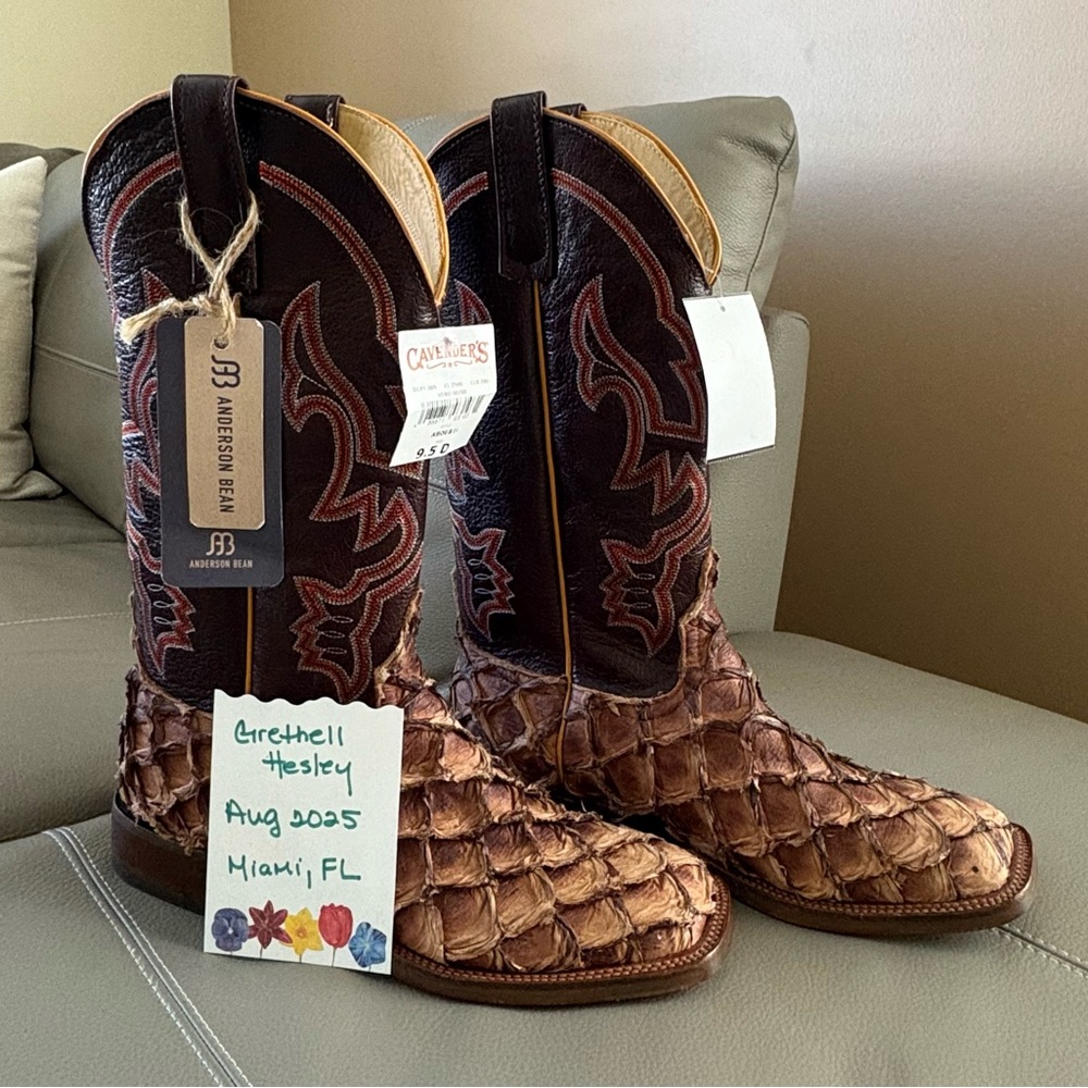 ANDERSON BEAN MENS DISTRESSED BROWN BIG BASS AND CHOCOLATE WIDE SQUARE TOE BOOT